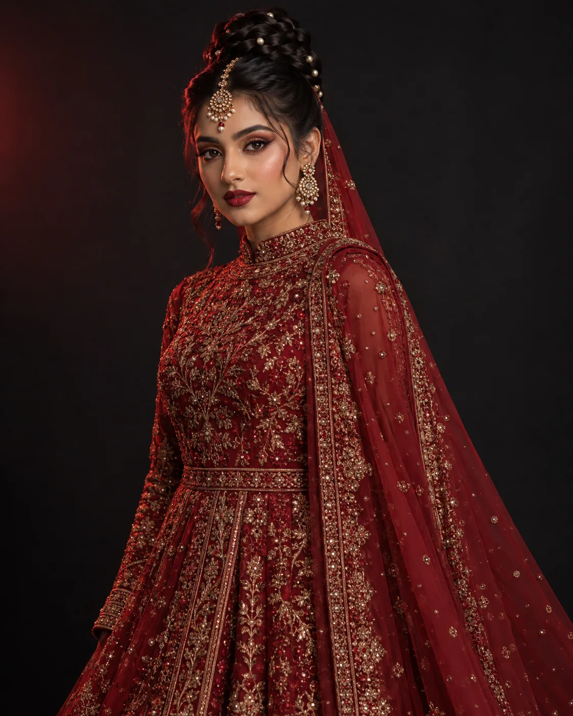 Pakistani bridal fashion look with a pearl-woven high braided bun, black-cherry lips and a red embroidered outfit in a dark studio