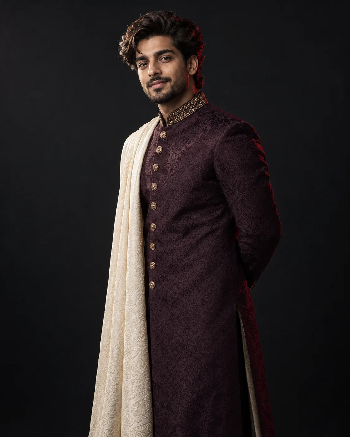 Pakistani groom with sculpted chestnut waves, a defined short beard, an aubergine sherwani and an ivory stole in a dark studio