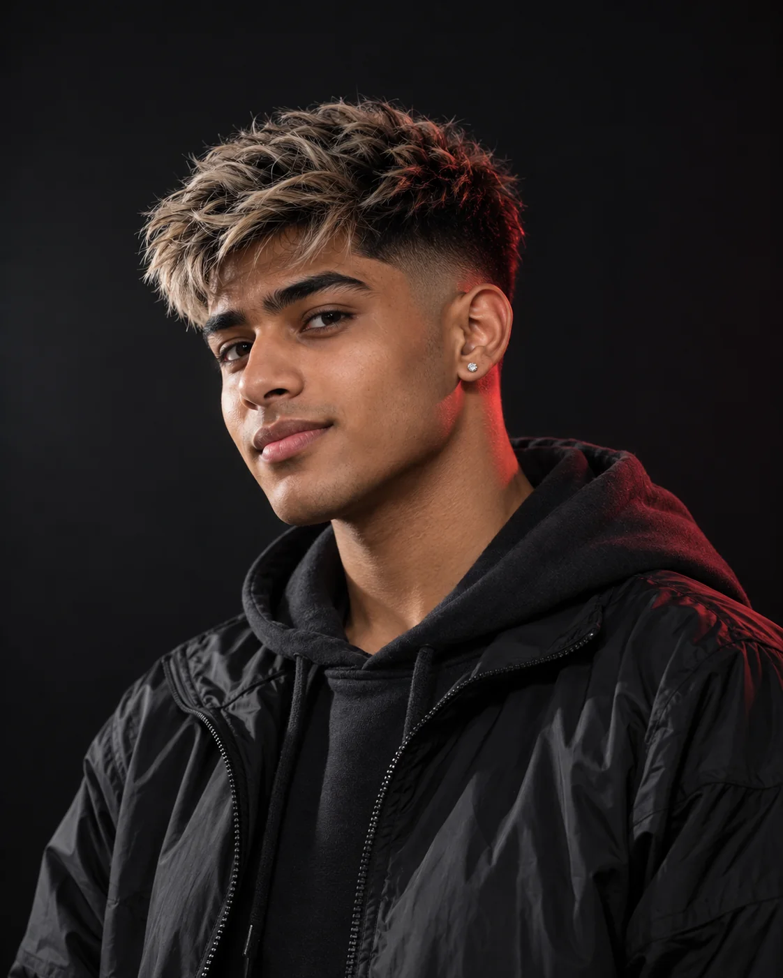 Young man with an icy blonde textured crop, dark roots and a low skin taper in dark studio lighting