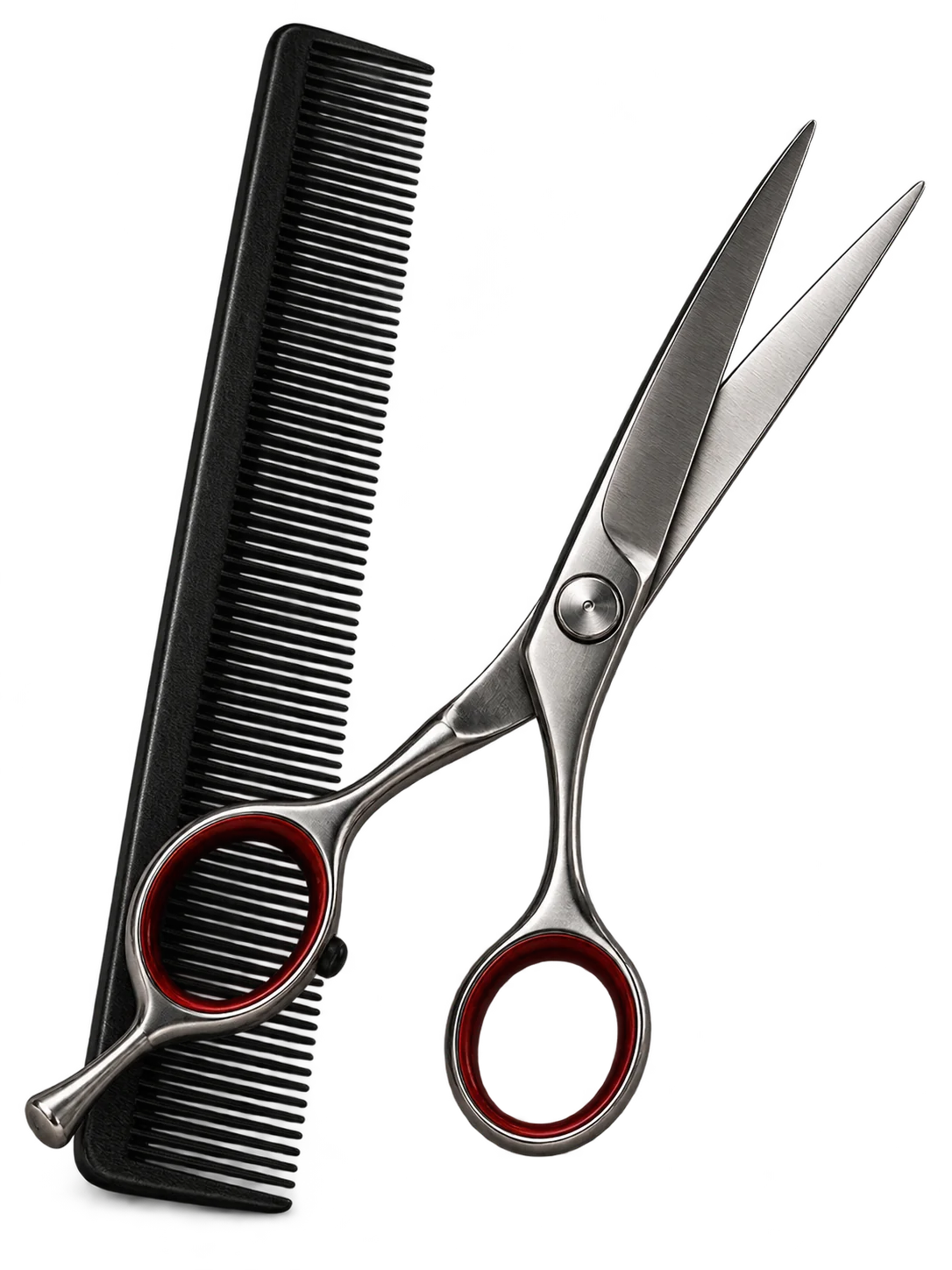 Brushed steel salon shears and a black cutting comb