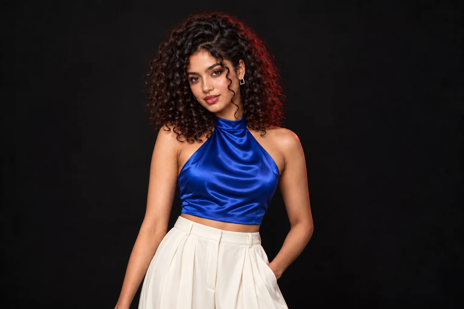 Loose shoulder-length spiral curls and party makeup, styled with a cobalt satin halter top and ivory trousers