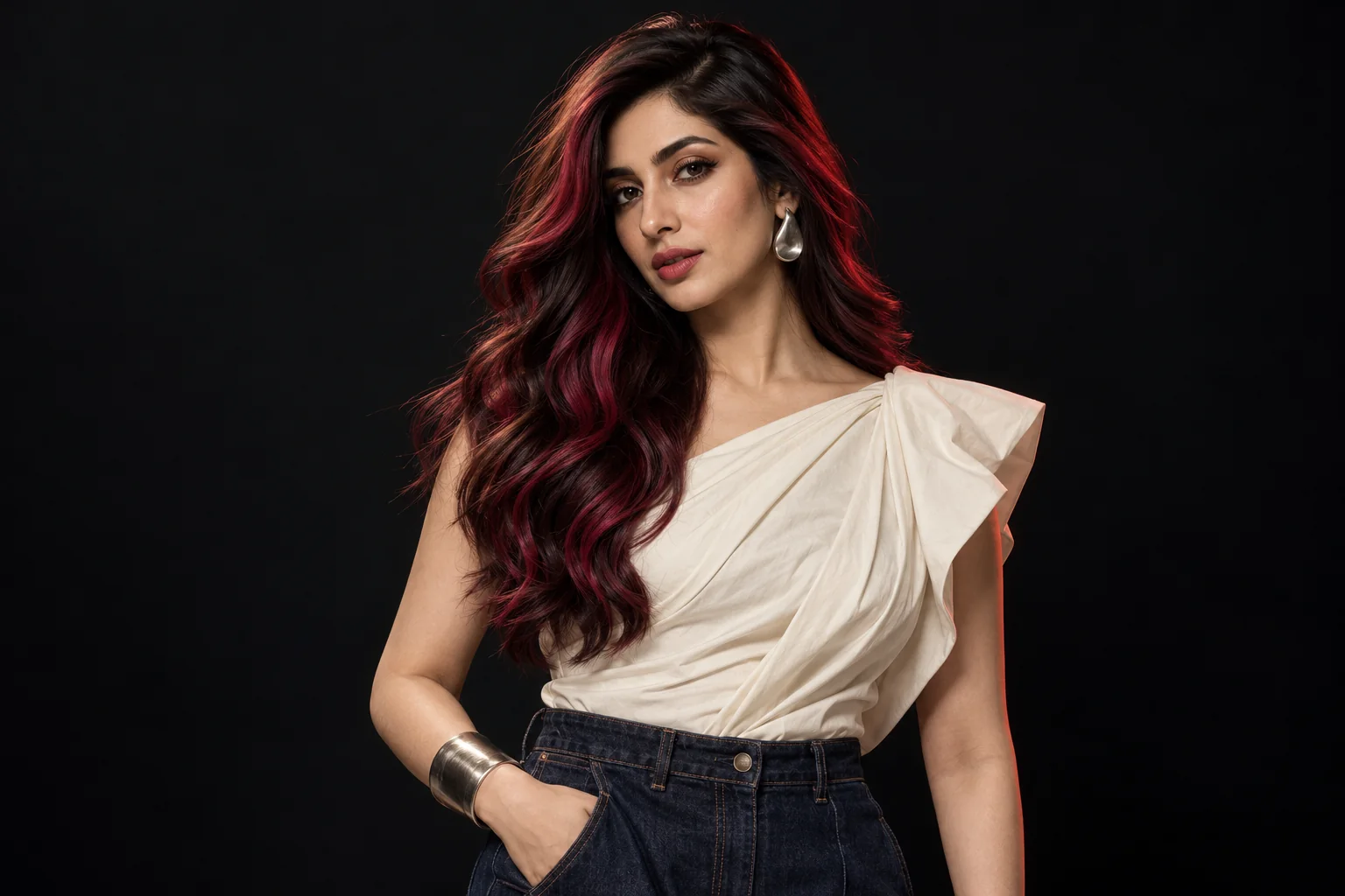 Long espresso waves with black-cherry colour panels and vivid wine-red face-framing sections, styled with a sculptural ivory top