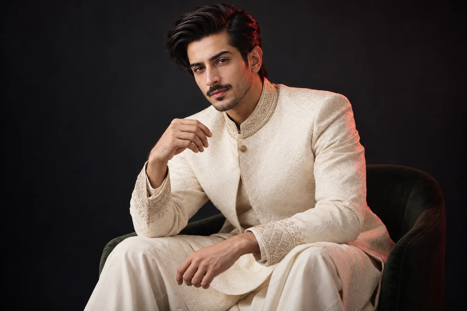 Modern groom with sleek side-parted hair and a fine moustache, wearing an embroidered ivory sherwani