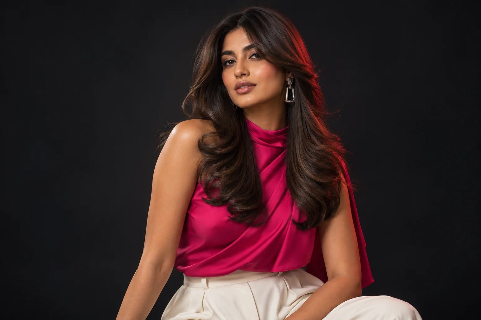 Long butterfly layers and curtain bangs with a bouncy blow-dry, styled with a fuchsia draped blouse