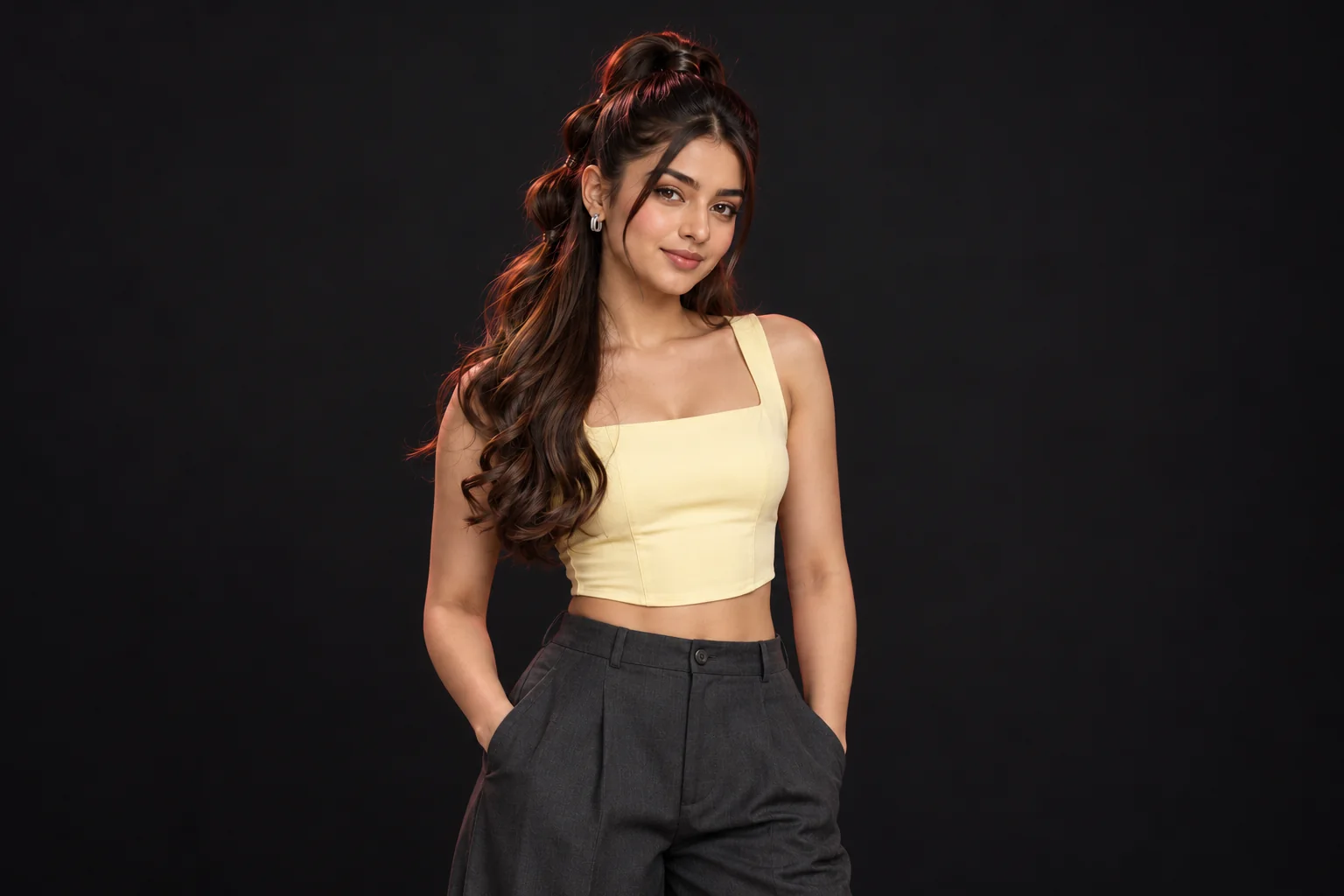 Woman with a high half-up bubble ponytail, light butter-yellow crop top and charcoal tailored trousers