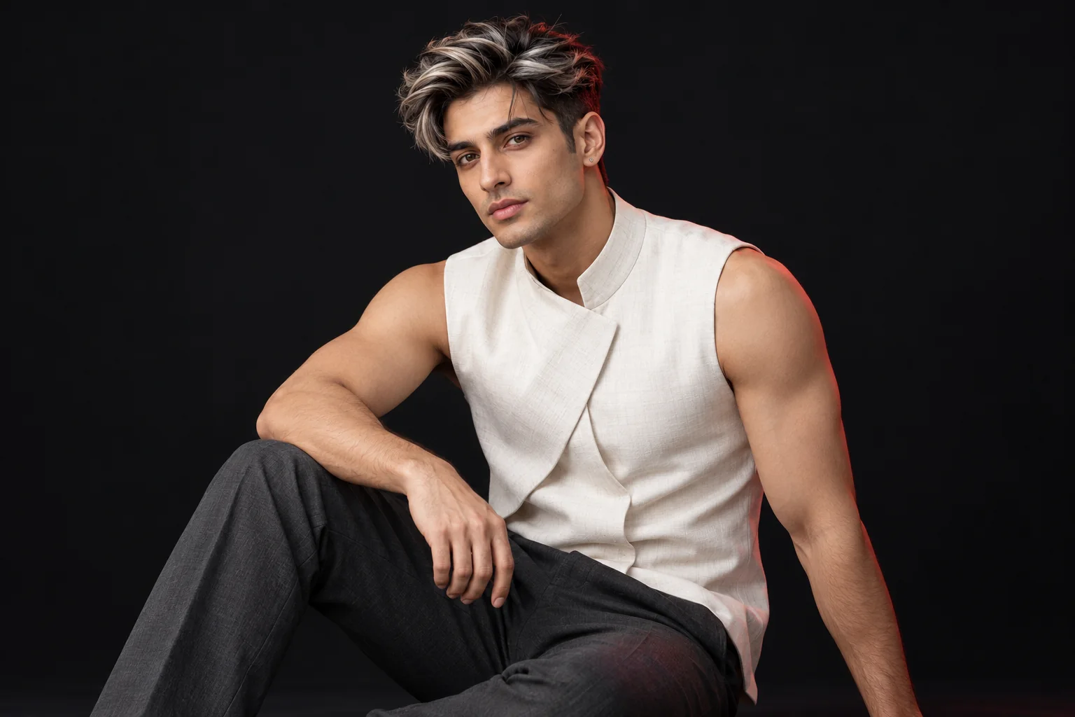 Dimensional ash-blond highlights and dark roots on a styled men’s haircut