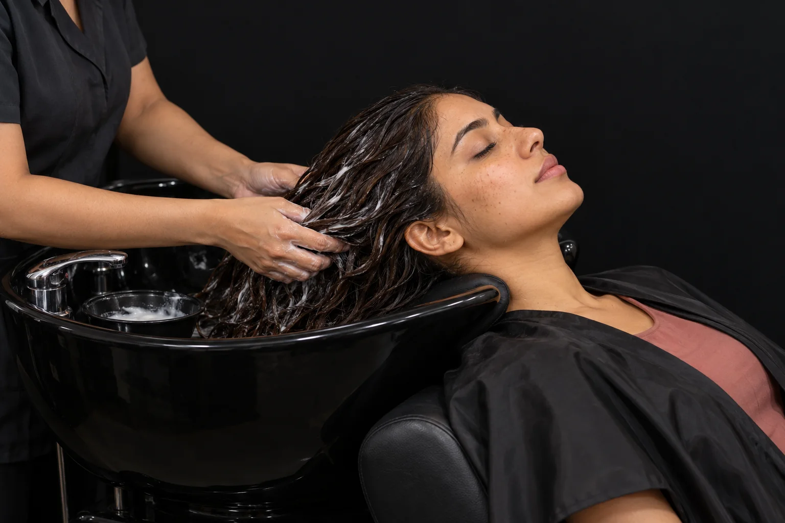 A female client resting at a shampoo basin while conditioner is worked through her hair
