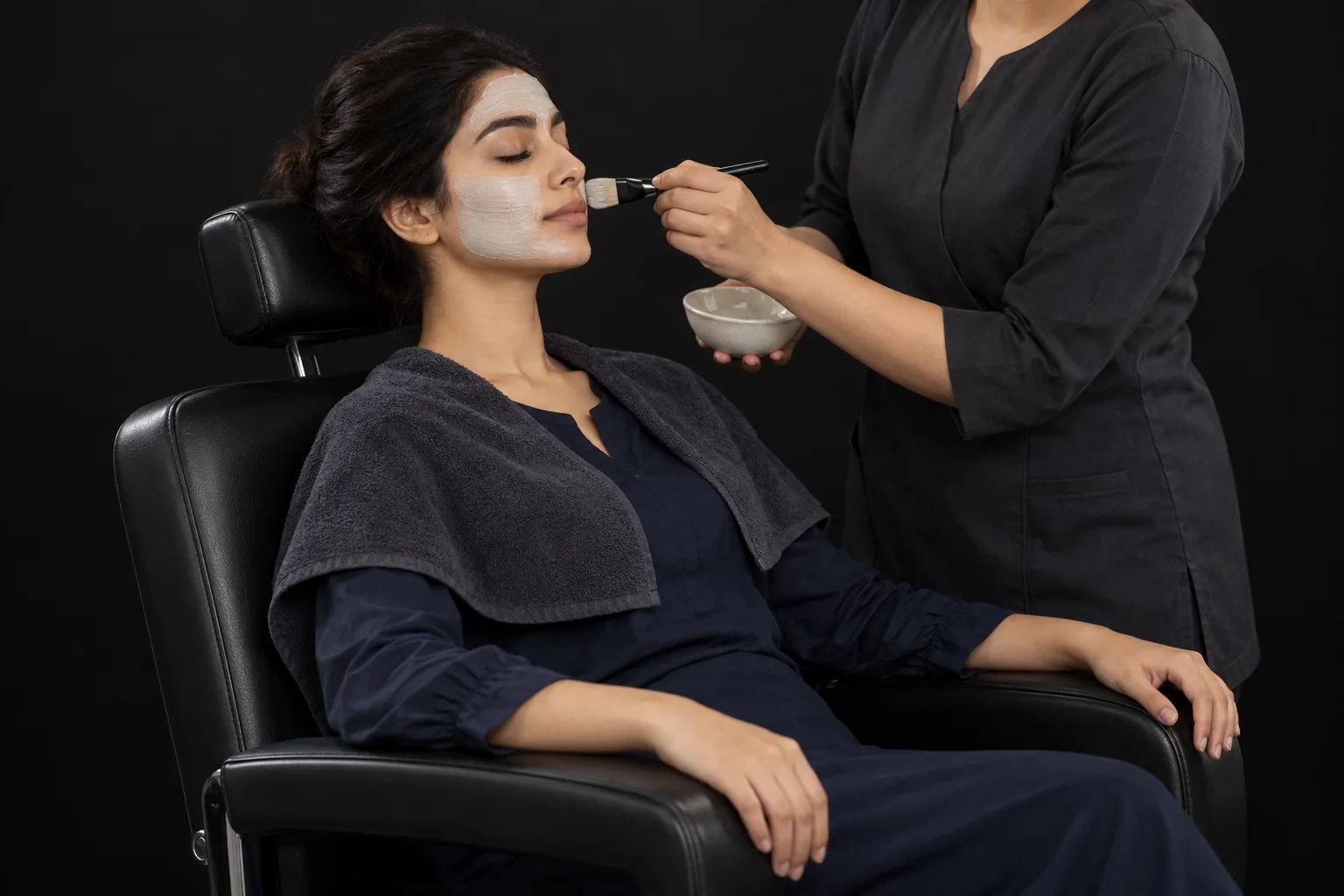 A female client resting in a salon chair while a beautician applies a facial mask
