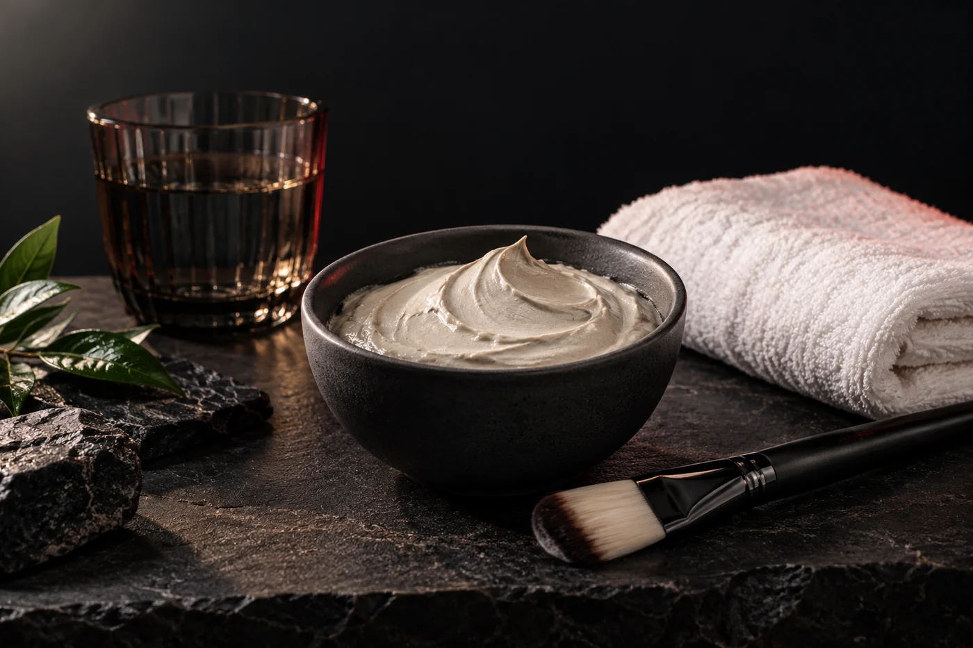 Cream facial mask in a ceramic bowl beside a clean brush, folded towels and a smoked water glass