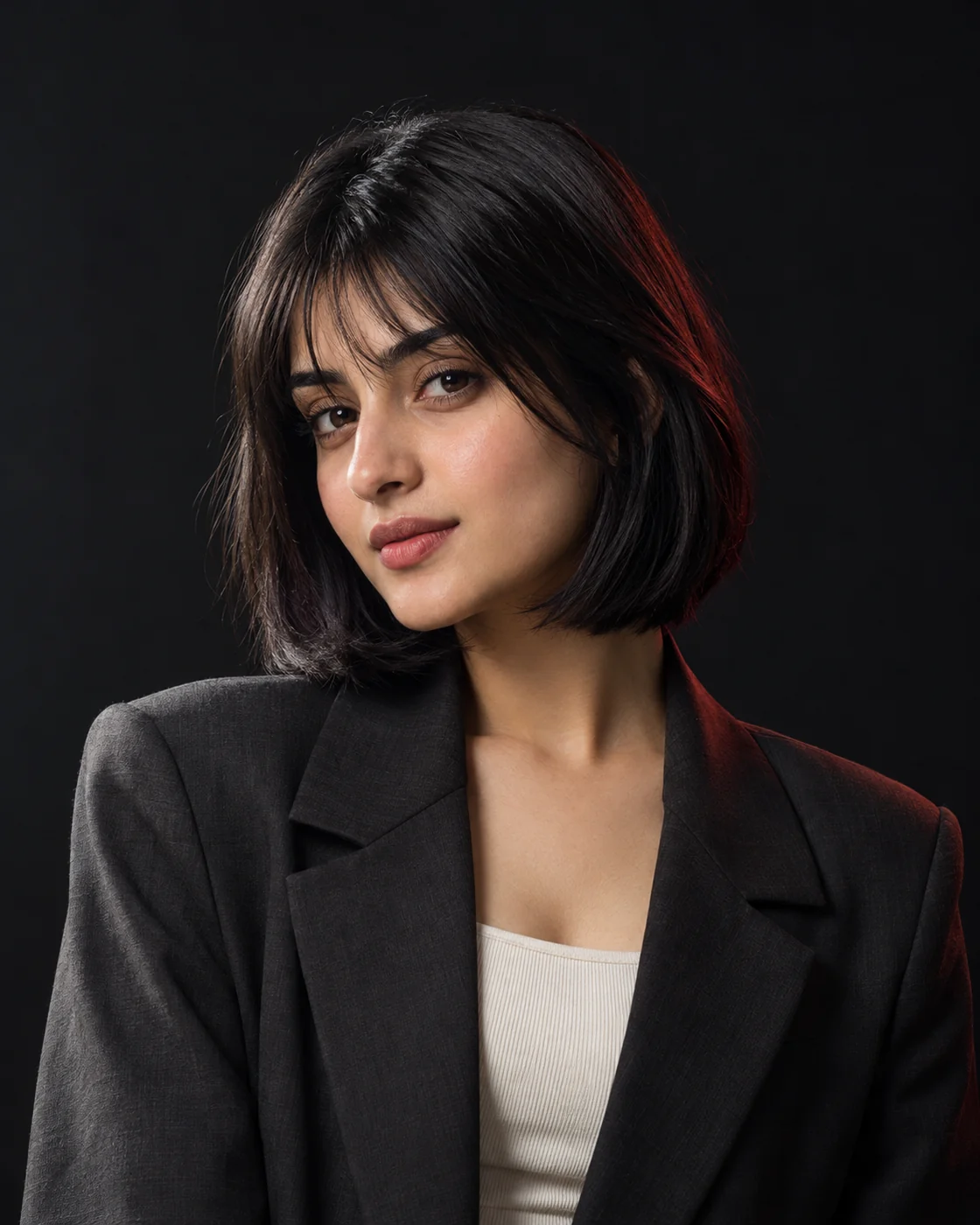 Glossy black chin-length bob with a wispy fringe