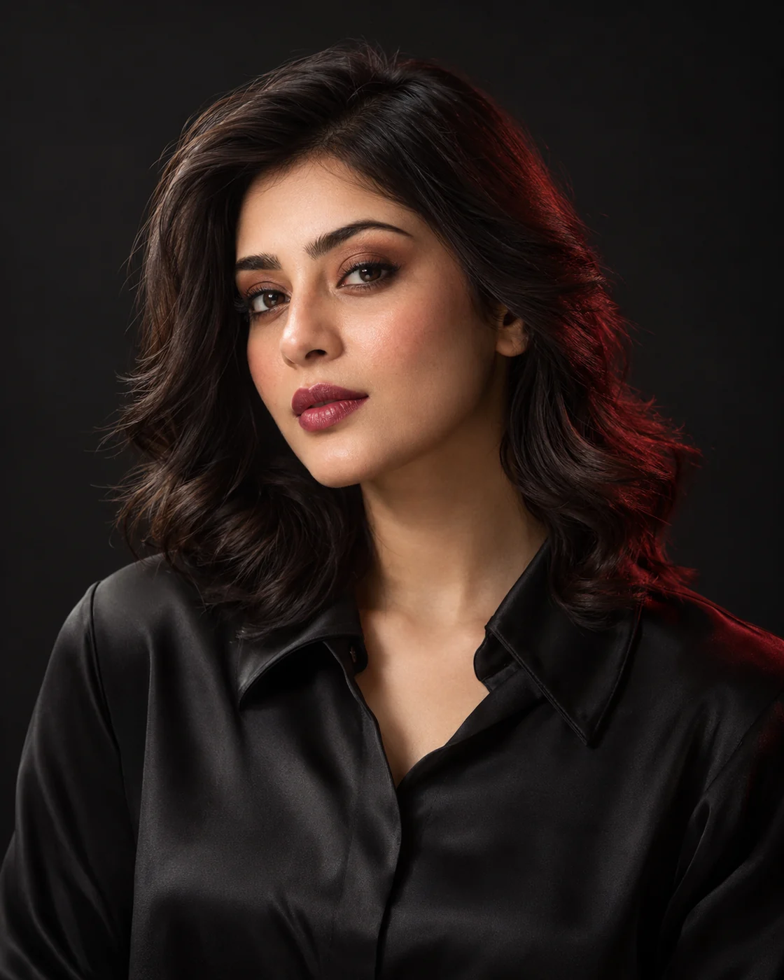 Bronze smoky eye makeup with berry lipstick and softly defined brows