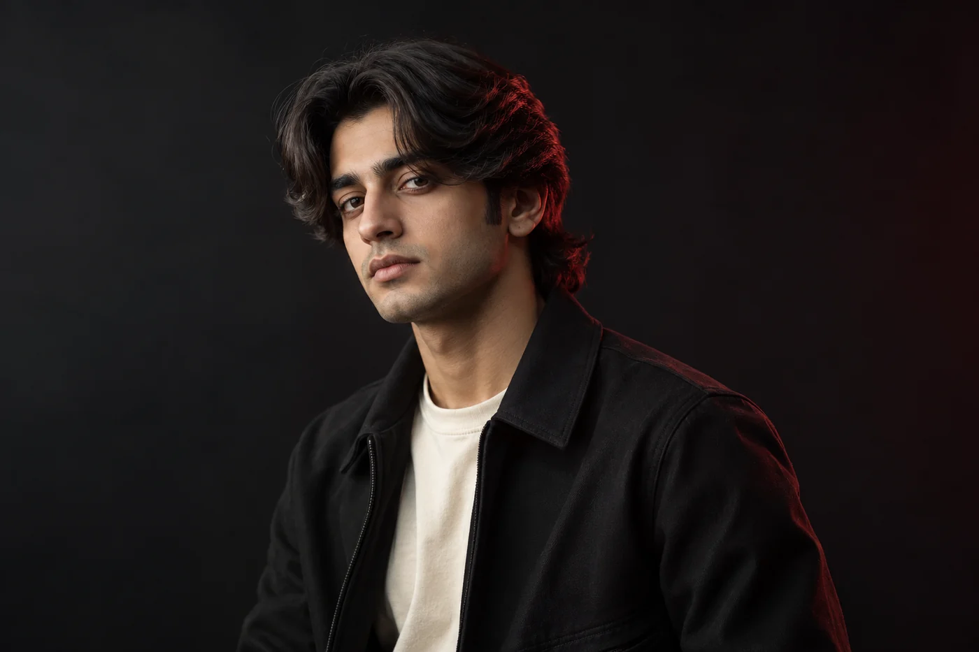 Longer dark curtain haircut with a centre part and soft waves around the face