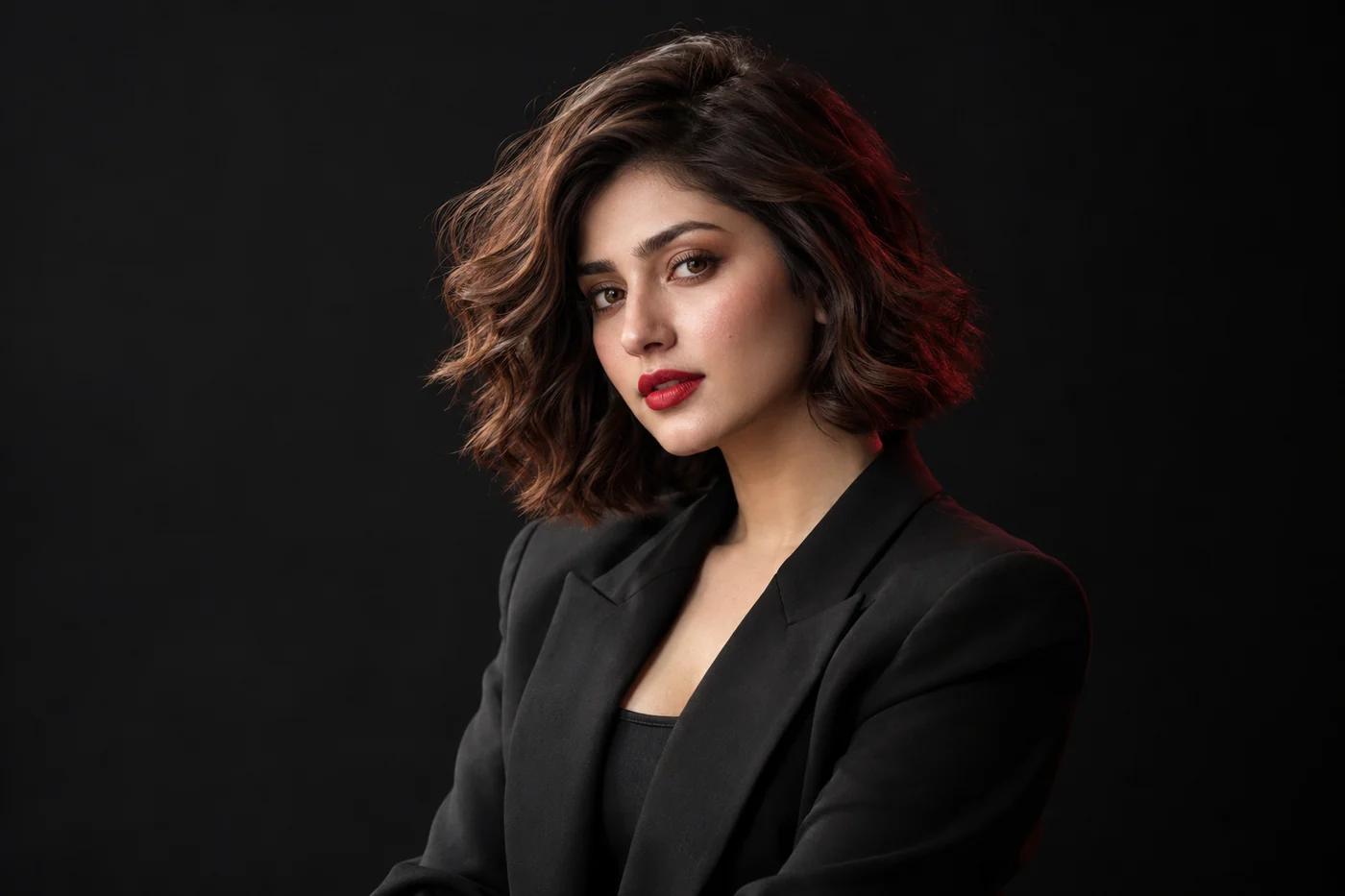 Woman with cherry-red lipstick, copper eye colour and a short wavy bob against a charcoal backdrop